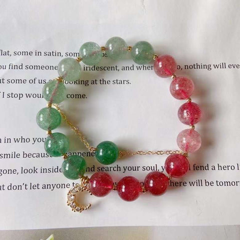 Natural red and green strawberry crystal 9mm bracelet with 14K Gold Mo