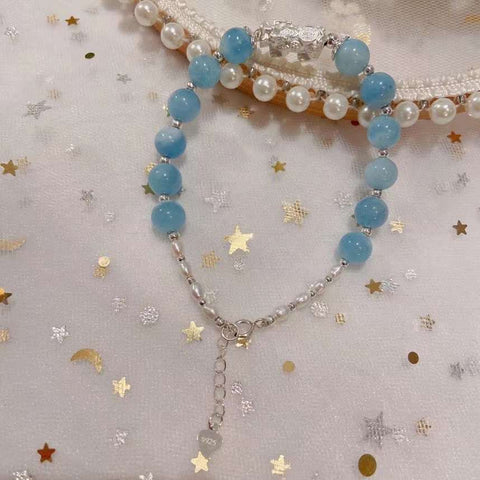 Natural sea blue treasure 7.4mm bracelet. Match with pearl, S925 sterl