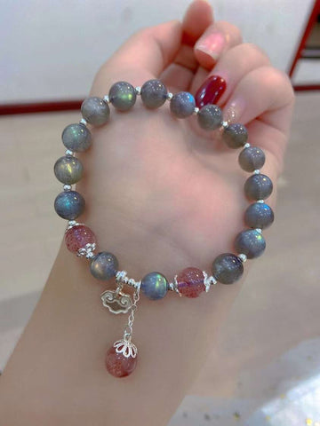 Natural grey moonlight 8mm bracelet with strawberry crystal and S925 s
