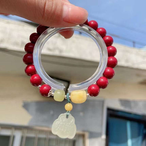 Natural cinnabar 8mm bracelet. Match with honey wax, Hotan jade old pe