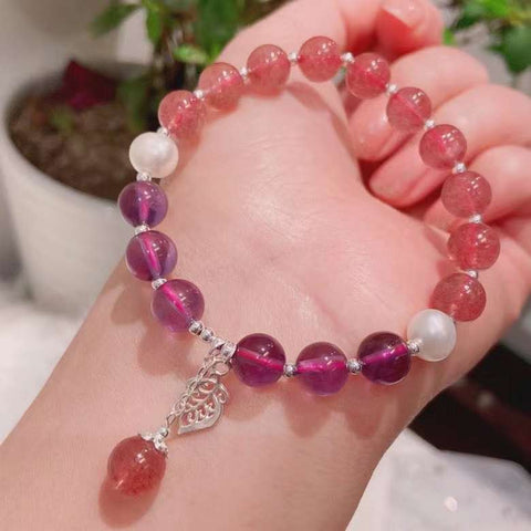 Strawberry crystal 8mm bracelet with Amethyst pearl and S925 Sterling
