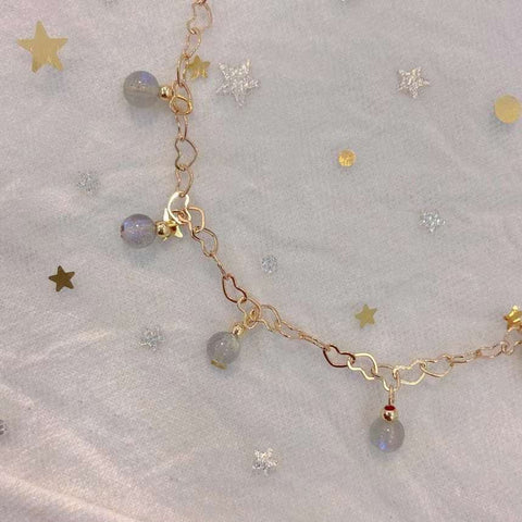 Natural grey moonlight 5mm Anklet with 14K gold wrapped love chain