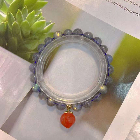 Natural grey moonlight 8mm bracelet with South Red Peach Pendant