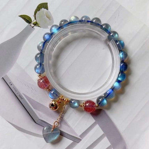 Natural grey moonlight 7.5mm bracelet, with strawberry crystal, grey m