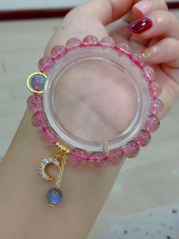 Natural strawberry crystal 8mm bracelet with grey moonlight and 14k Mo