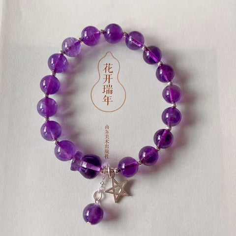 Natural amethyst 8mm bracelet with Amethyst carved purse and 925 Sterl