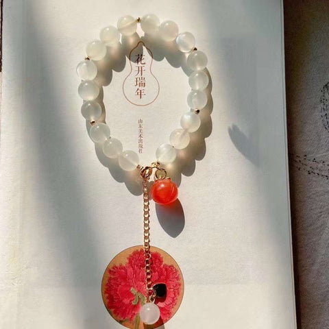 Natural white moonlight 8mm bracelet, with South Red Peach pendant, 14K Gold covered extension chain