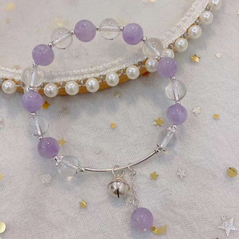 Natural lavender purple & white crystal 8mm bracelet, with 925 Sterling Silver elbow and small bell