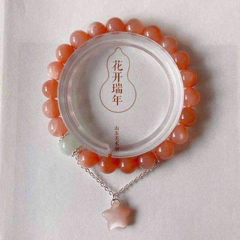 Natural Sunstone 8mm bracelet, with sea blue treasure, Sunstone little star