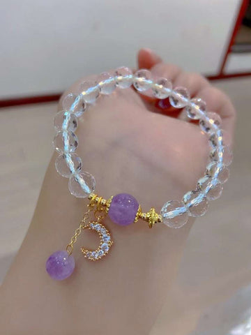 Natural white crystal cut 8mm bracelet with lavender Amethyst and 14k