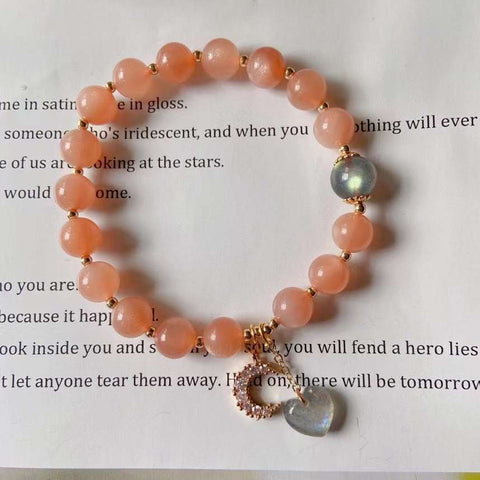 Natural sun stone 8mm bracelet, with gray moonlight, elongated stone S