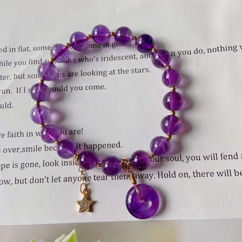 Natural amethyst 8mm bracelet, with Amethyst safety buckle and 14k Gol