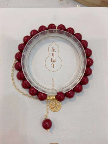 Natural cinnabar purple gold sand 8mm bracelet with 925 Sterling Silver gold-plated Fu character Pen
