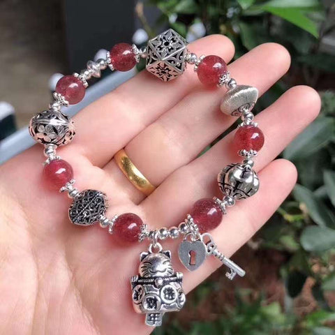 Natural strawberry crystal 9mm single ring bracelet, with S925 silver beans and Sterling Silver Pend