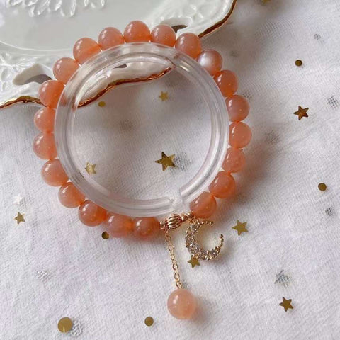 Natural sun stone 8mm bracelet with 14K gold wrapped little moon penda