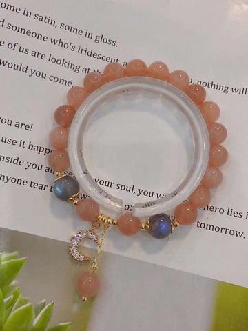 Natural sun stone 8mm bracelet with Moonstone and 14k gold clad moon a
