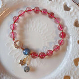 Natural strawberry crystal 8.7mm bracelet with grey moonlight, 14K gol