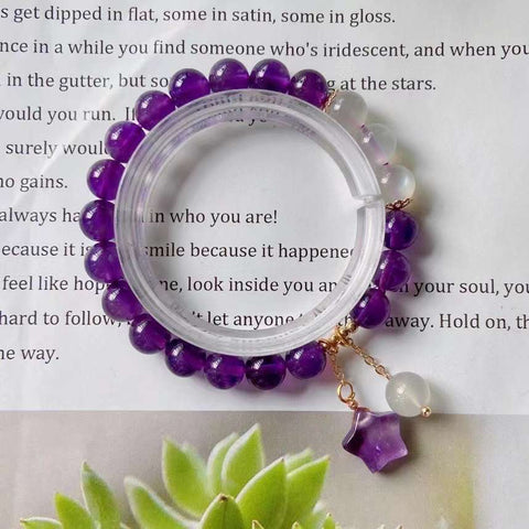 Natural amethyst 8mm bracelet with white moonlight and Amethyst stars
