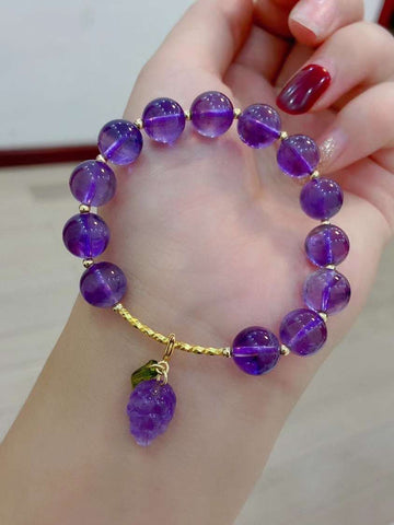 Natural amethyst 10mm bracelet with Amethyst grape pendant, S925 Sterl