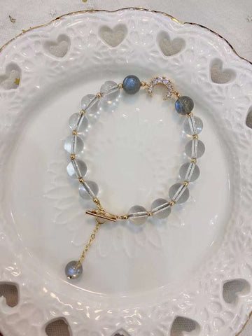Natural white crystal 8mm bracelet with grey moonlight and 14k Gold wr