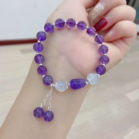 Natural amethyst 8mm bracelet, matched with Amethyst carving fortune luck, white moonlight