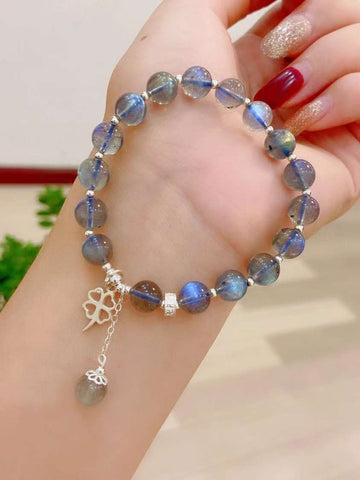 Natural grey moonlight 8mm bracelet with 925 sterling silver beads and