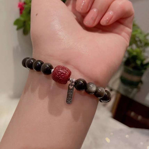 Natural silver Obsidian 8mm bracelet. With cinnabar bucket beads, S925