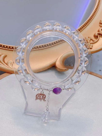 Natural white crystal 8mm bracelet with Amethyst S925 Sterling Silver