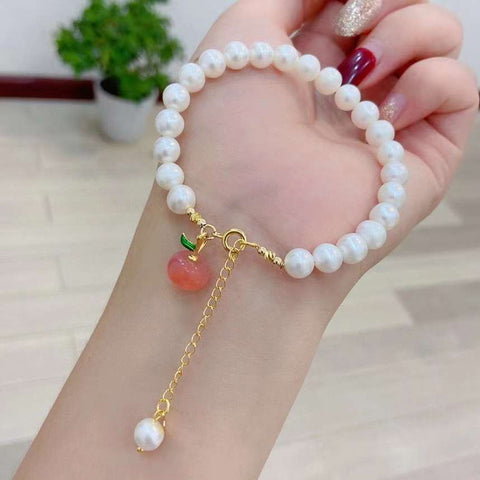 Natural pearl 7.5mm bracelet, with South Red Apple Pendant, 14K Gold c