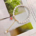 Natural pearl 7.5mm bracelet, with South Red Apple Pendant, 14K Gold c