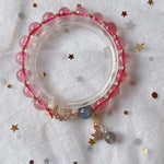 Natural strawberry crystal 8.7mm bracelet with grey moonlight, 14K gol