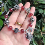Natural strawberry crystal 9mm single ring bracelet, with S925 silver beans and Sterling Silver Pend