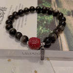 Natural silver Obsidian 8mm bracelet. With cinnabar bucket beads, S925