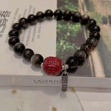 Natural silver Obsidian 8mm bracelet. With cinnabar bucket beads, S925
