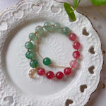 Natural red and green strawberry crystal 9mm bracelet with 14K Gold Mo