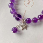 Natural amethyst 8mm bracelet with Amethyst carved purse and 925 Sterl