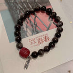 Natural silver Obsidian 8mm bracelet. With cinnabar bucket beads, S925