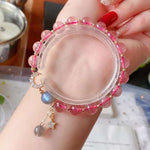 Natural strawberry crystal 8.7mm bracelet with grey moonlight, 14K gol