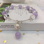 Natural lavender purple & white crystal 8mm bracelet, with 925 Sterling Silver elbow and small bell
