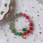 Natural red and green strawberry crystal 9mm bracelet with 14K Gold Mo