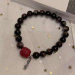 Natural silver Obsidian 8mm bracelet. With cinnabar bucket beads, S925