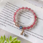 Natural strawberry crystal 8.7mm bracelet with grey moonlight, 14K gol