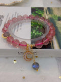 Natural strawberry crystal 8mm bracelet with grey moonlight and 14k Mo