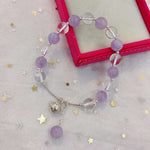 Natural lavender purple & white crystal 8mm bracelet, with 925 Sterling Silver elbow and small bell