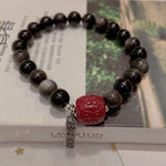 Natural silver Obsidian 8mm bracelet. With cinnabar bucket beads, S925