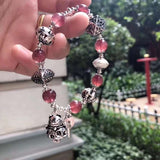 Natural strawberry crystal 9mm single ring bracelet, with S925 silver beans and Sterling Silver Pend