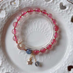 Natural strawberry crystal 8.7mm bracelet with grey moonlight, 14K gol