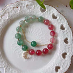 Natural red and green strawberry crystal 9mm bracelet with 14K Gold Mo