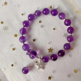 Natural amethyst 8mm bracelet with Amethyst carved purse and 925 Sterl