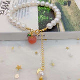 Natural pearl 7.5mm bracelet, with South Red Apple Pendant, 14K Gold c